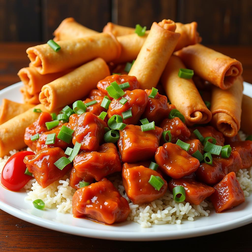 A colorful combination platter showcasing a variety of Chinese dishes including spring rolls, egg rolls, sweet and sour chicken, and fried rice.