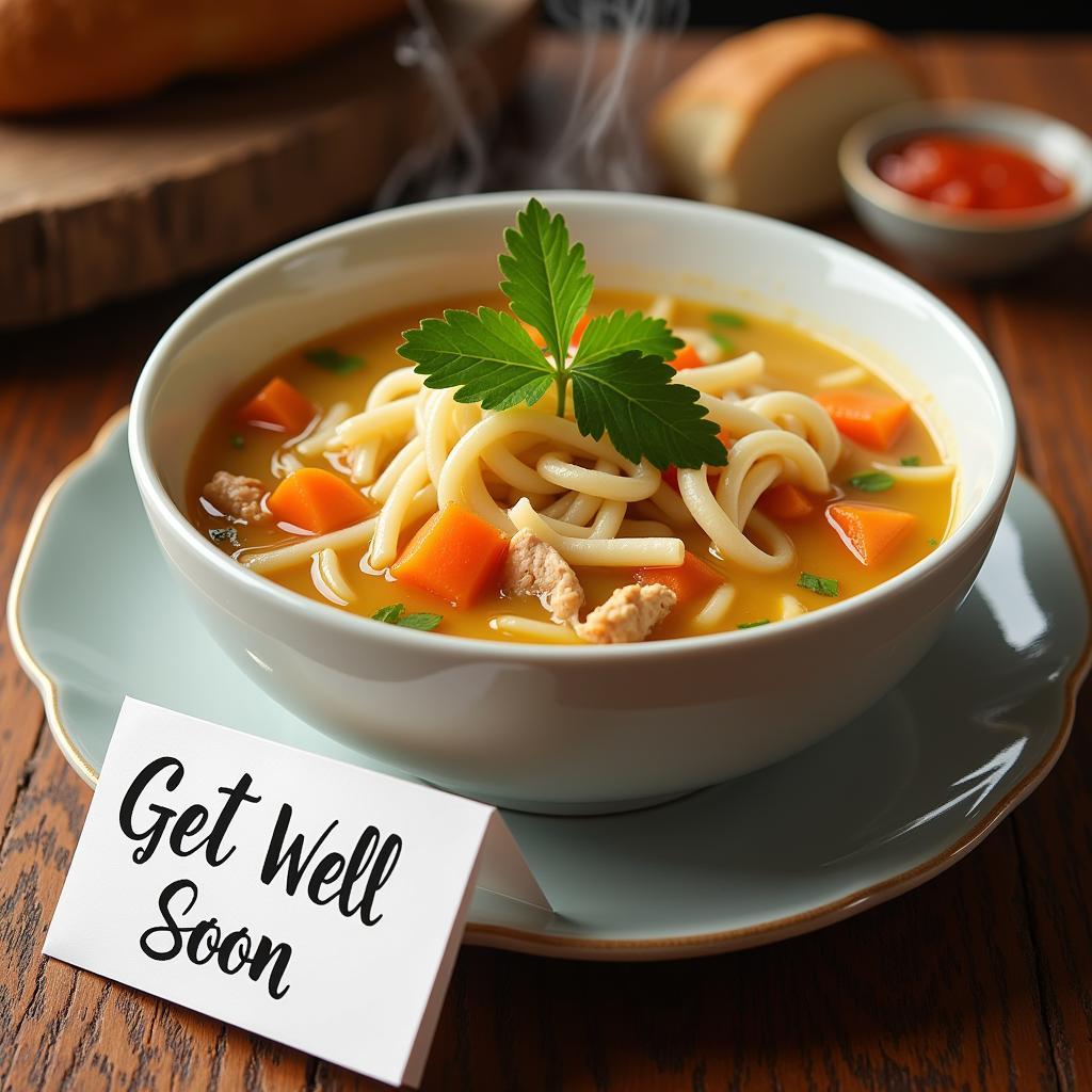 Comforting chicken noodle soup in a bowl with a spoon and a "Get Well Soon" card, perfect as a thoughtful gift.