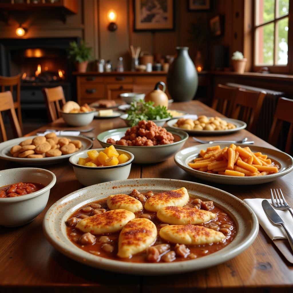 A cozy scene with a table set for a family meal, featuring classic comfort food dishes.