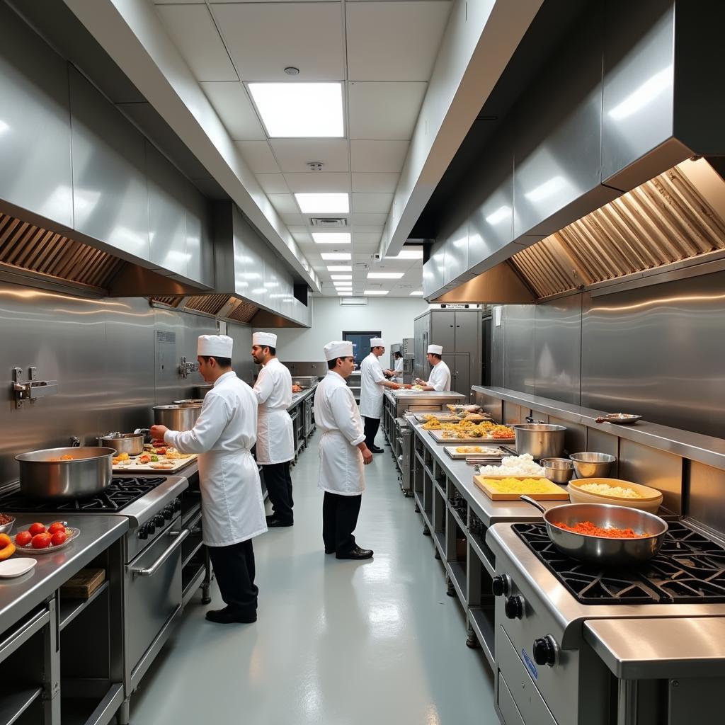 Commissary kitchen bustling with food preparation activities