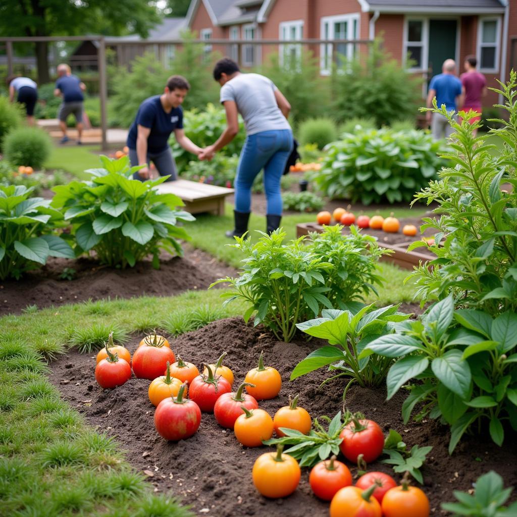 Volunteers tending to a thriving community garden in Defiance, Ohio.