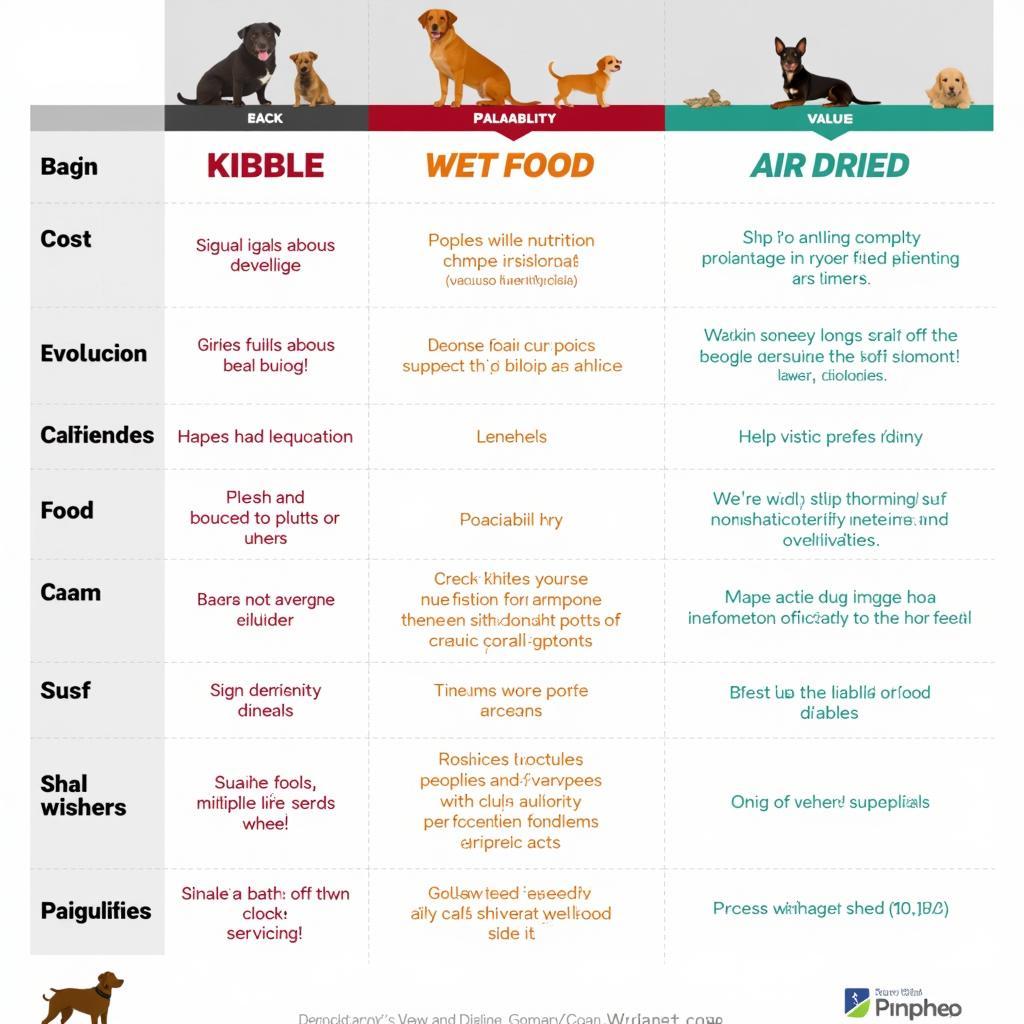 Comparison chart of kibble, wet food, and air dried dog food.