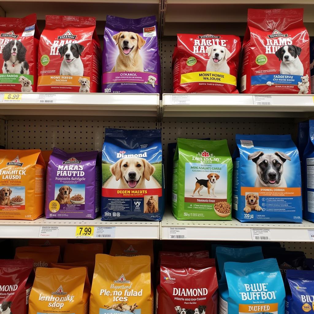 Various Dog Food Brands on a Shelf