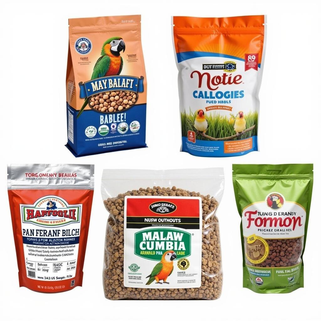 Different brands of macaw food in bulk bags are compared side-by-side