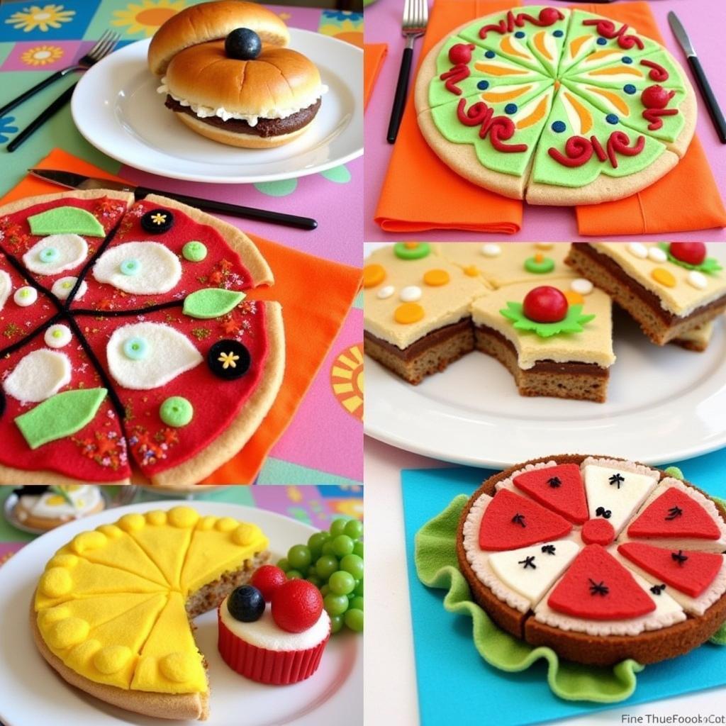 Completed felt food projects arranged on a table for pretend play