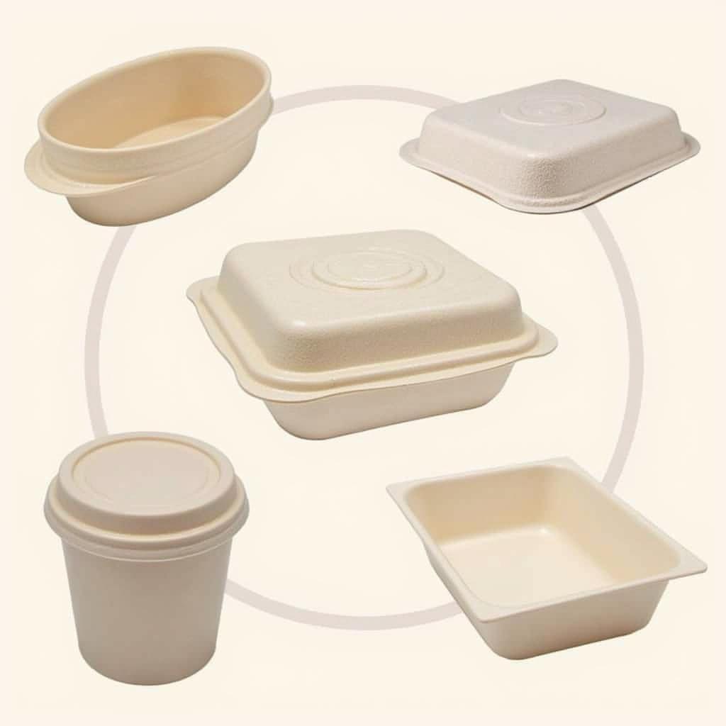 Variety of Compostable Food Containers Showing Different Sizes and Shapes