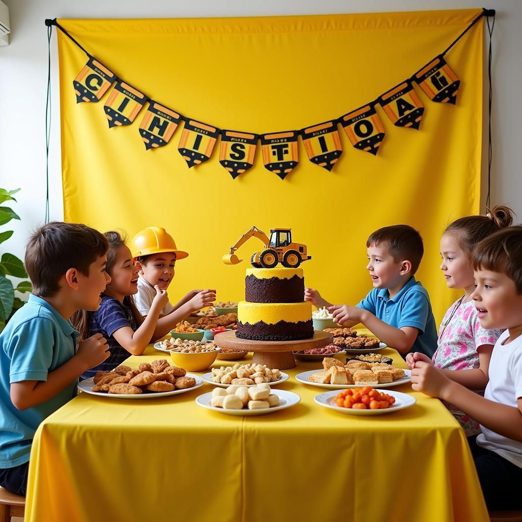 A table laden with food for a construction birthday party