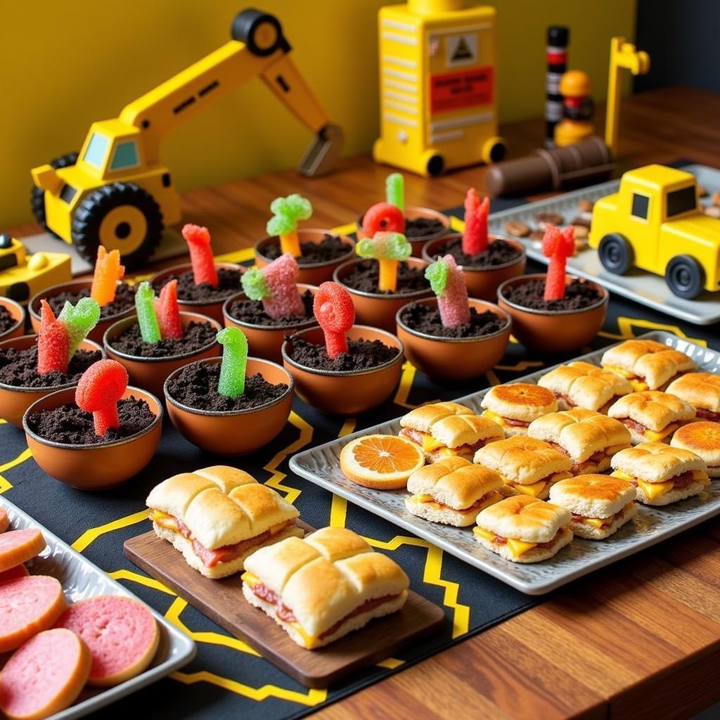 A table laden with construction-themed party food, featuring everything from "dirt cups" to "tool" sandwiches.