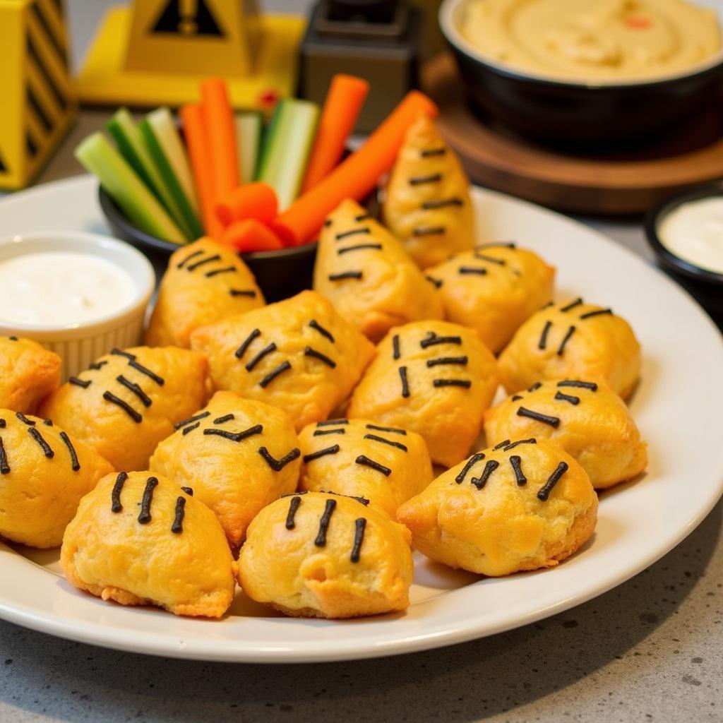 Construction party snacks: traffic cone cheese puffs, caution veggie sticks with dips