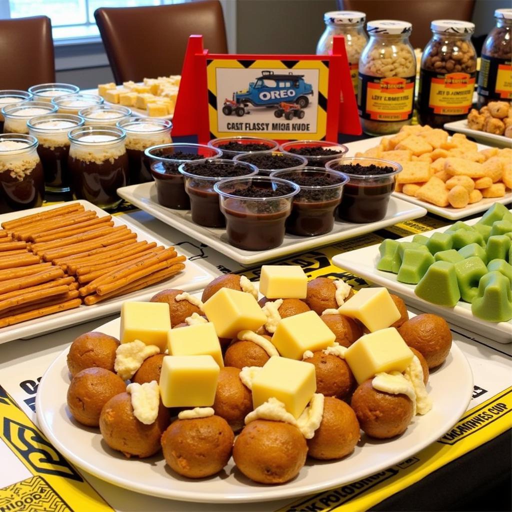 Construction-themed snacks arranged on a table