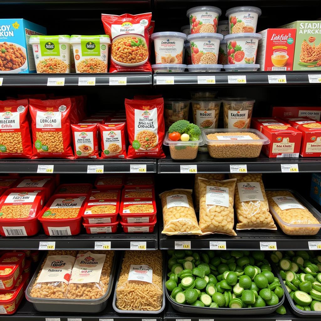 Various Convenience Food Products Displayed in a Supermarket