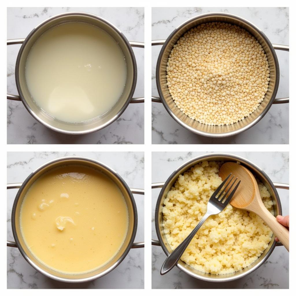 Various stages of cooking faro, from rinsing to serving