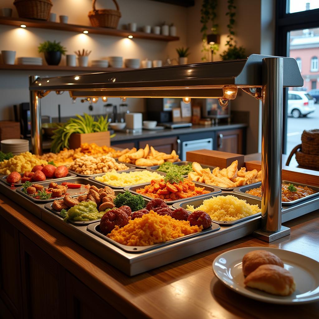 Countertop Food Warmer Display Showcasing Various Dishes in a Cafe