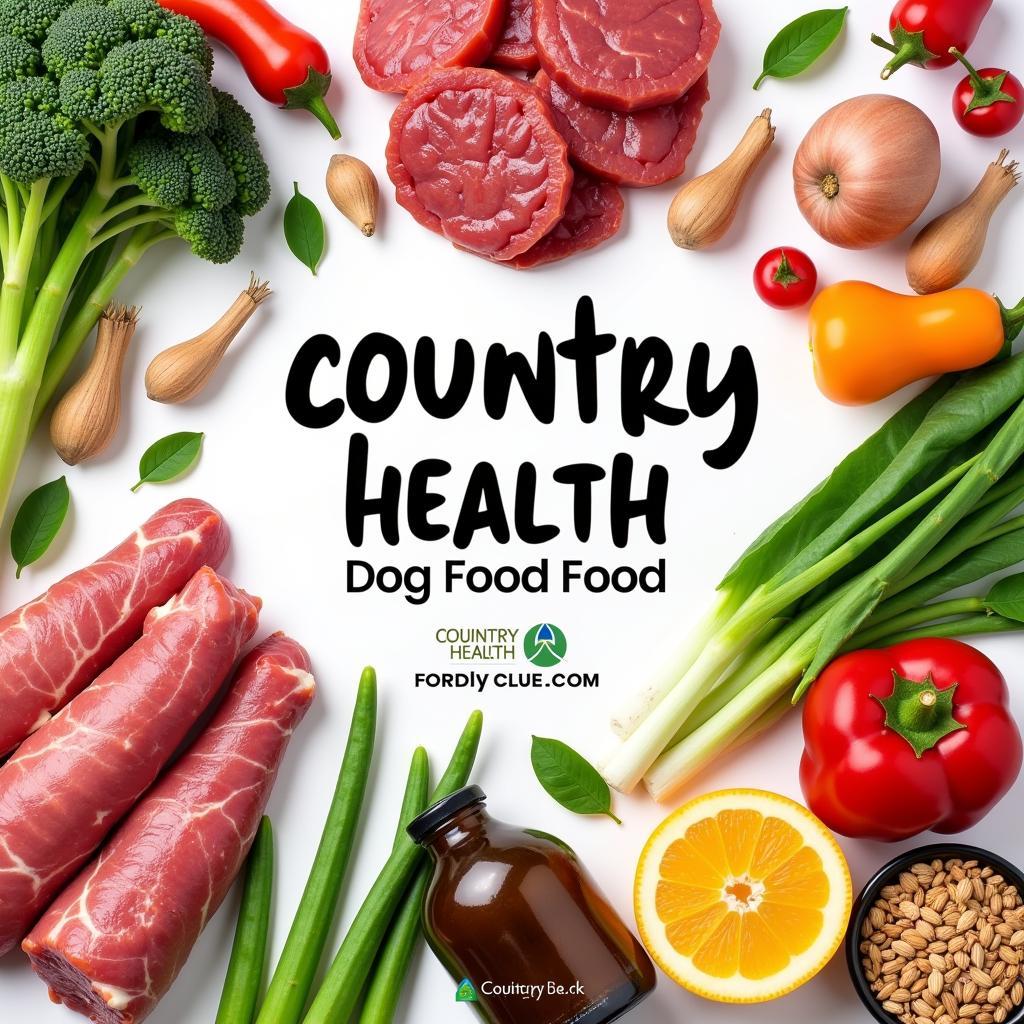 Close-up of natural dog food ingredients like fresh vegetables, fruits, and lean meat