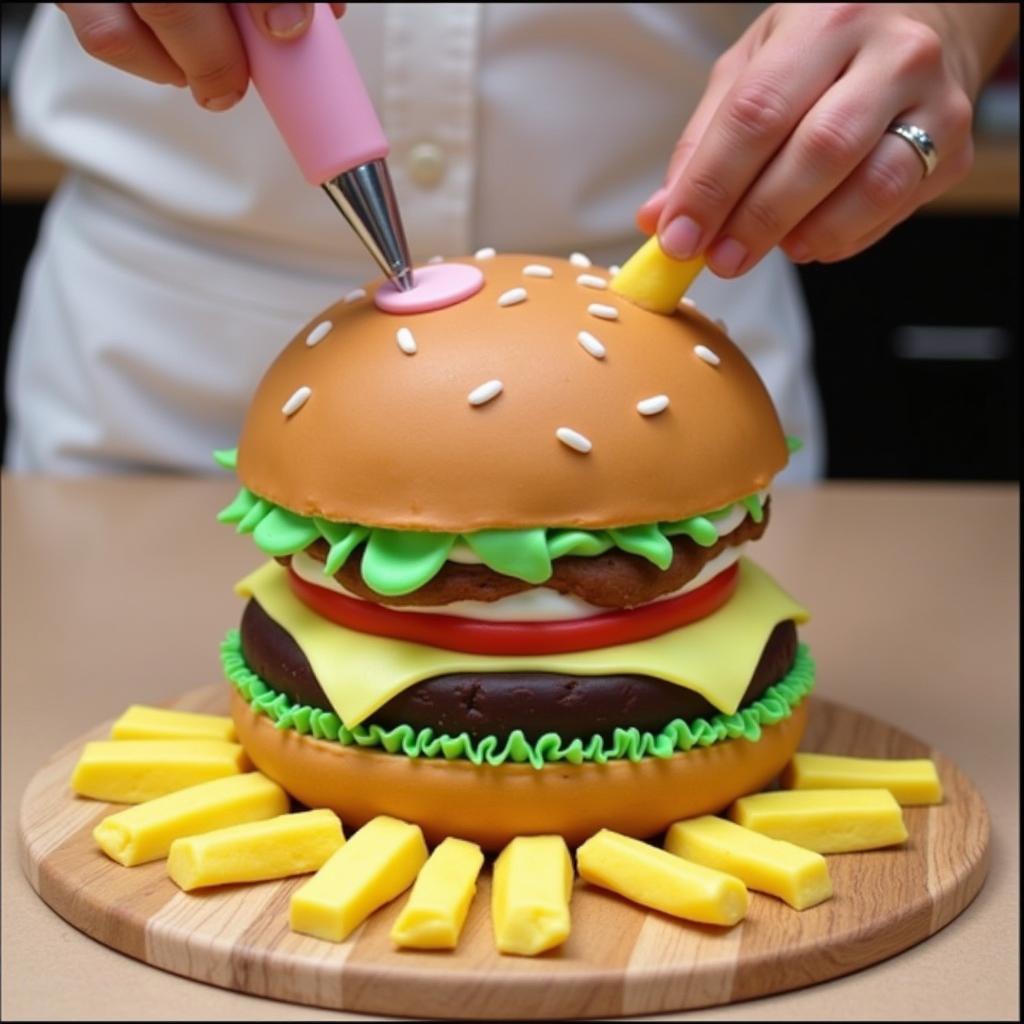 Close-up of a baker's hands using piping bags and fondant tools to create realistic textures on a fast-food-themed cake.