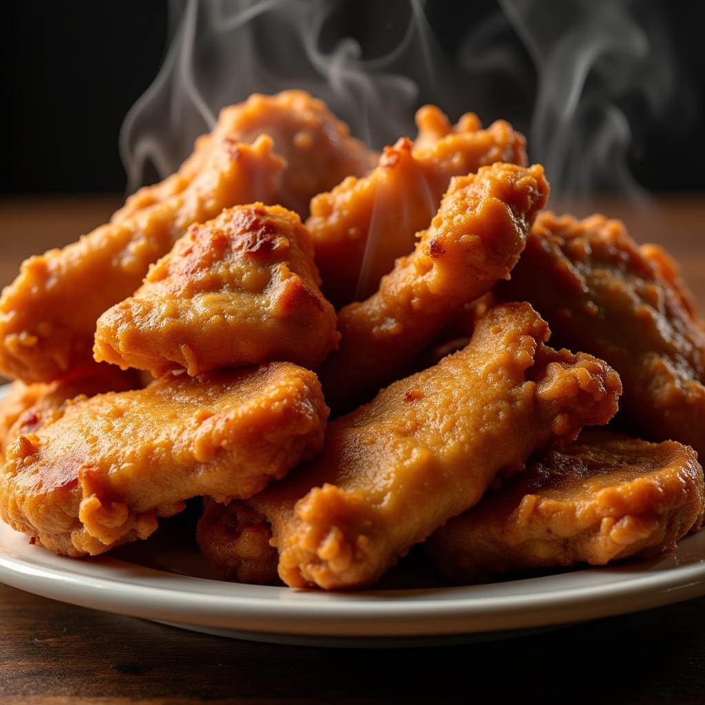 Close-up of a plate of crispy, golden-fried chicken, showcasing its irresistible texture and juicy interior.