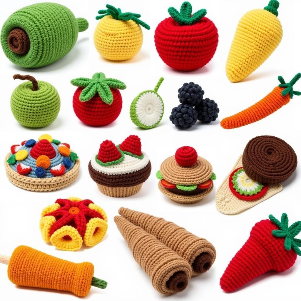 Colorful variety of crocheted food items