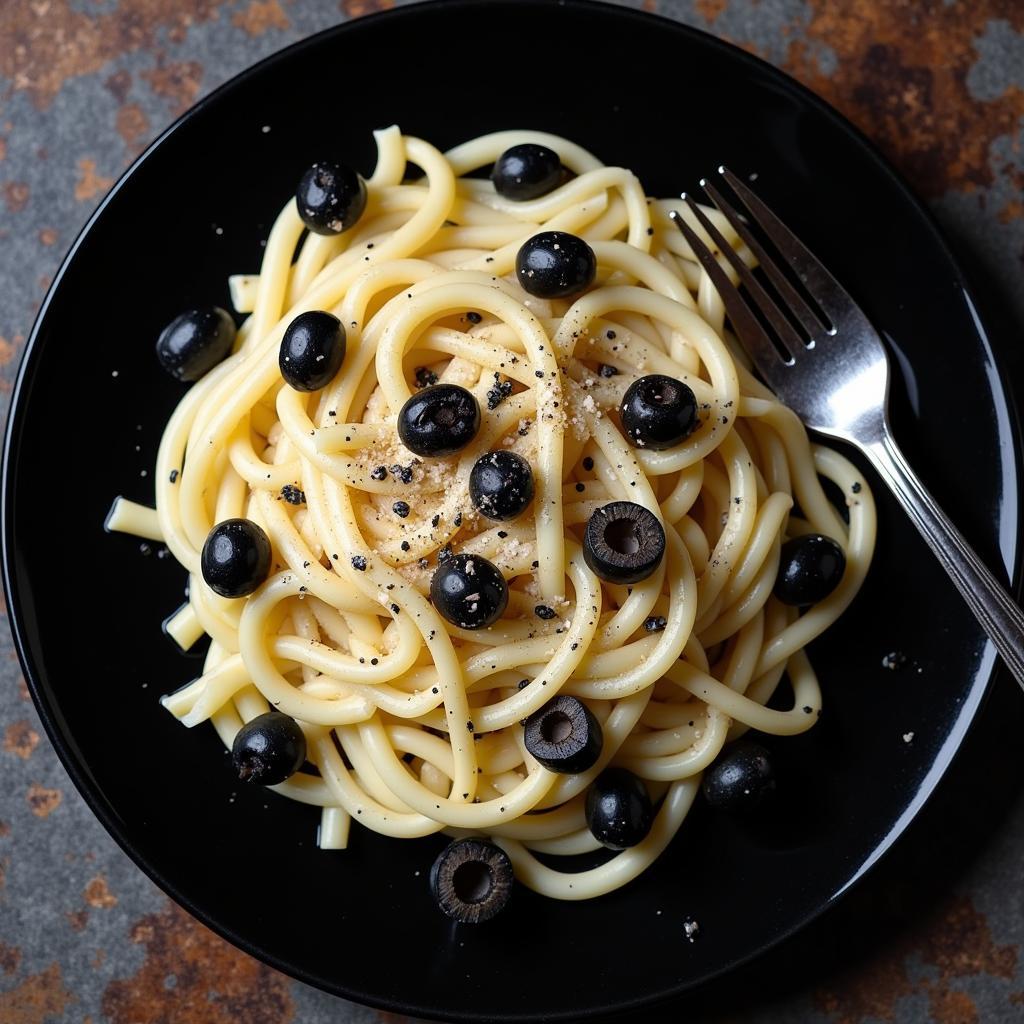 Cruella DeVille Spotted Pasta: Creamy white sauce pasta with black olive "spots," served on a black plate for a dramatic effect.