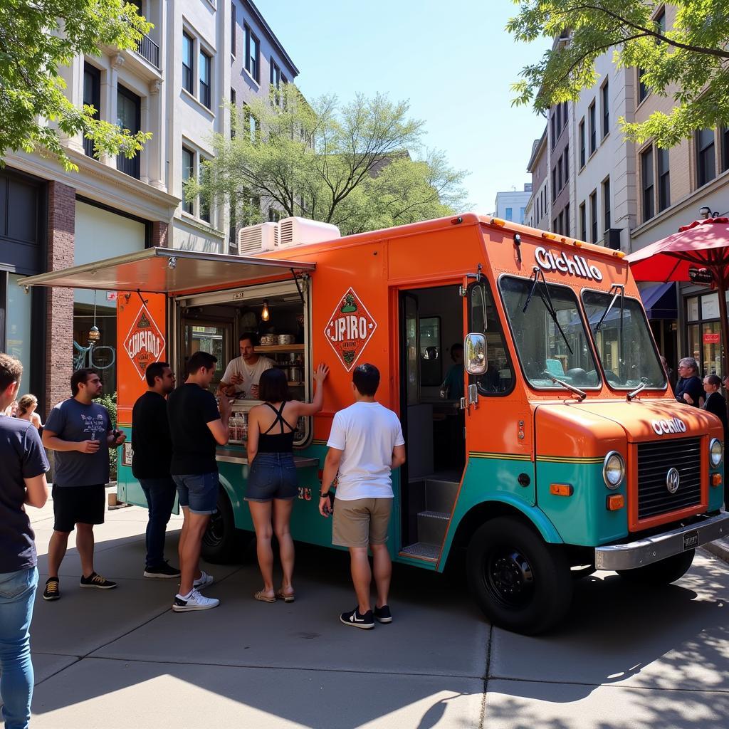 Cuchillo food truck parked on a bustling city street, serving customers.