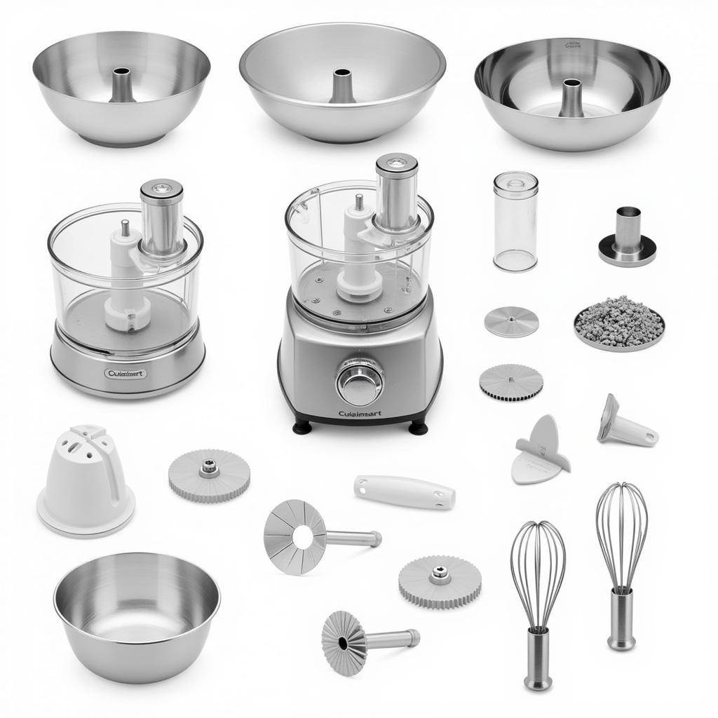 Various Cuisinart food processor parts laid out on a table.