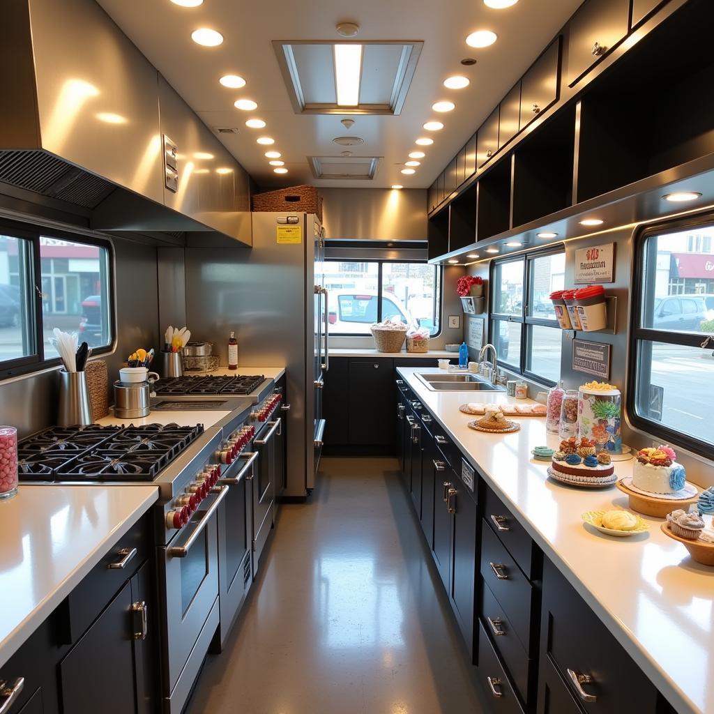 Inside a cupcake food truck showing ovens, refrigerators and display cases.