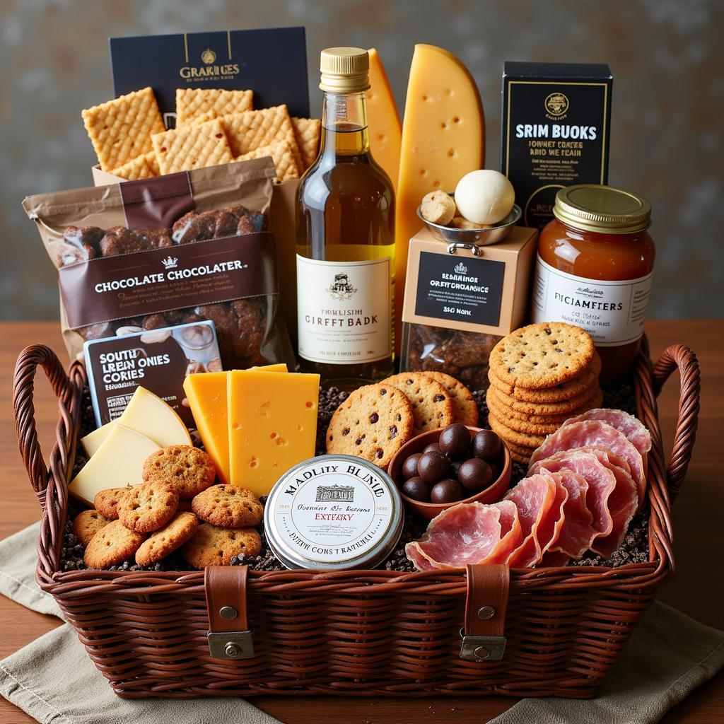 Curated food gift basket specifically designed for men, incorporating a mix of savory and sweet treats.