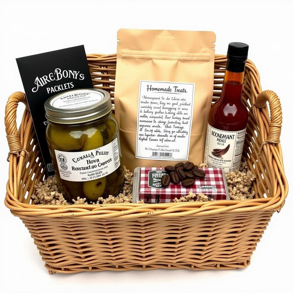 A custom-made New England food gift basket filled with a selection of local products, personalized for the recipient.