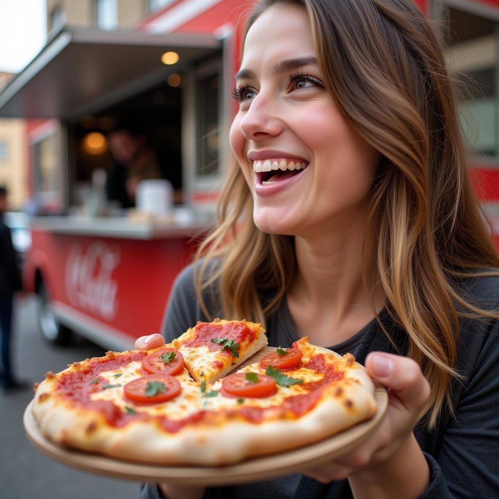 Customer Enjoying Pizza From Food Truck