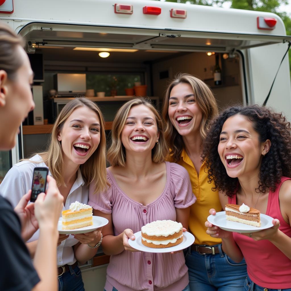 Happy customers enjoying their treats from a cake food truck.