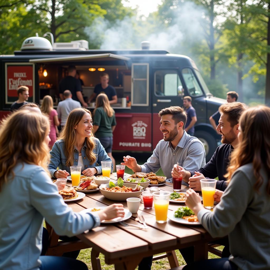 Customers enjoying their BBQ meals from a food truck.