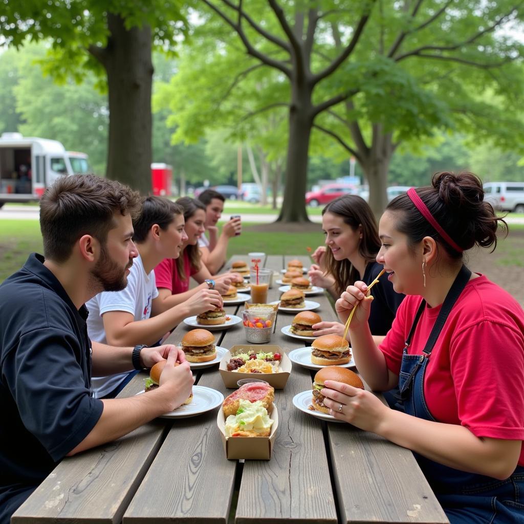 Customers enjoying Buckeye Burgers at a park