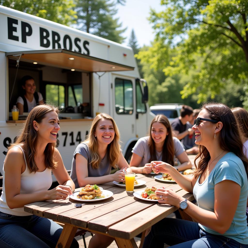 Customers enjoying their meals from the Ep Bross food truck in a lively outdoor setting.