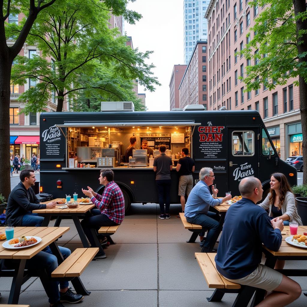 Happy customers enjoying their meals at Chef Dan's food truck, with the vibrant city backdrop.