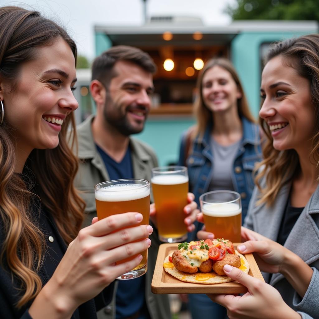 Customers Enjoying Food and Beer at a Brewery with Food Truck