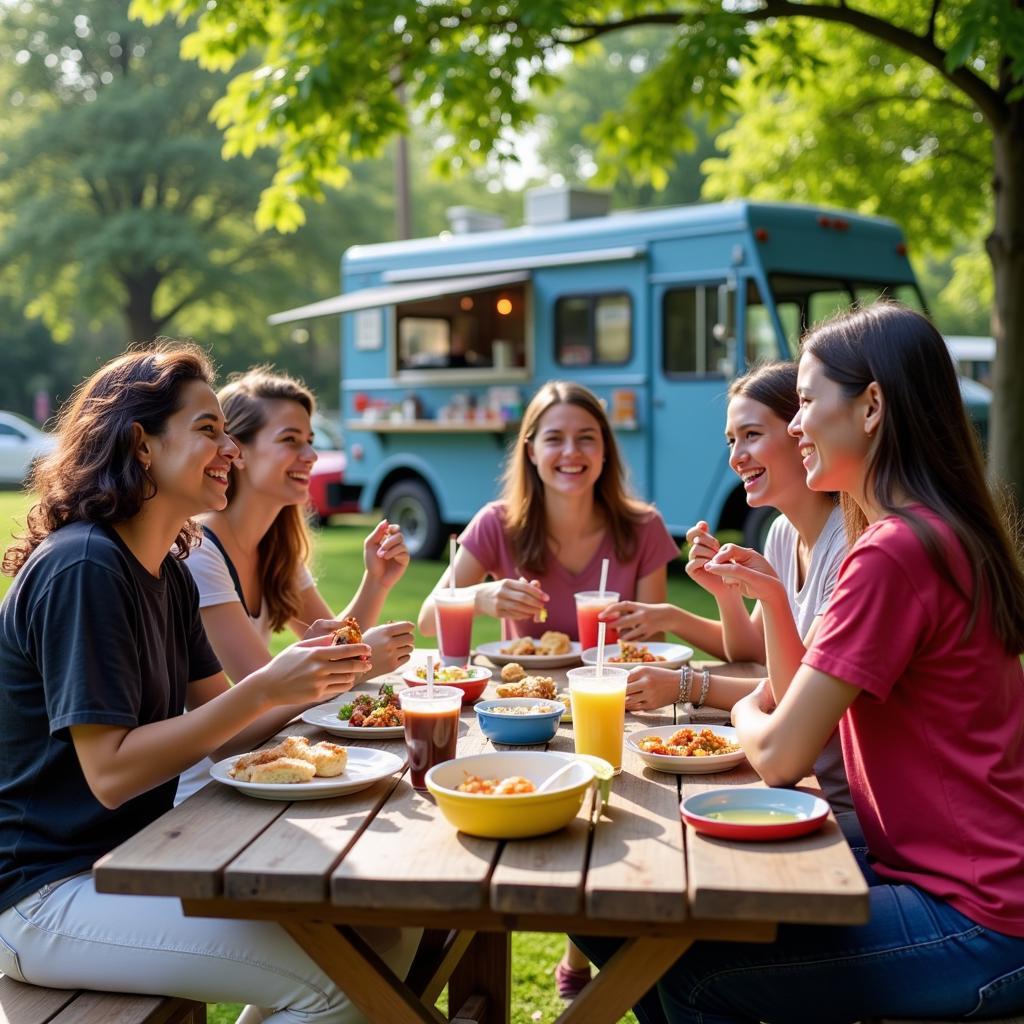 Happy Customers Enjoying Their Food Truck Meals at an Outdoor Picnic Table