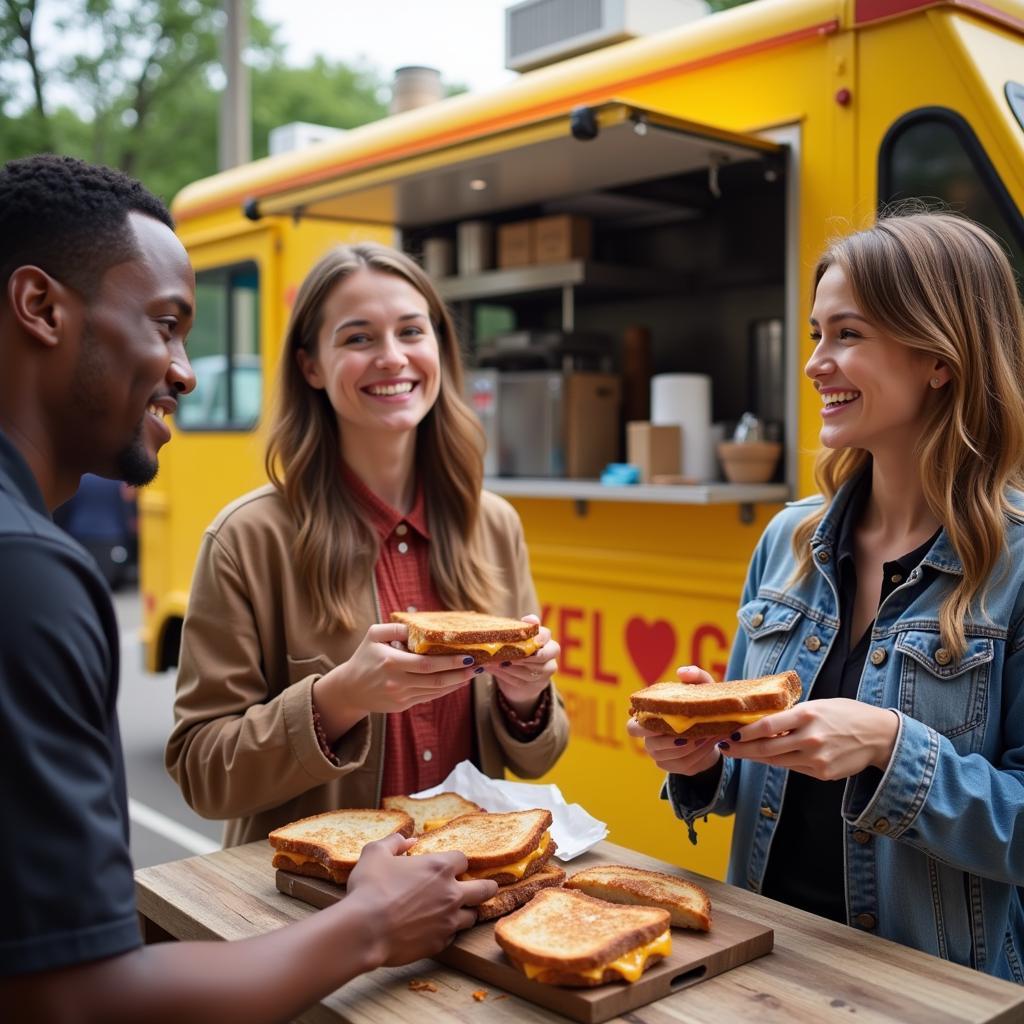 Customers Enjoying Grilled Cheese Sandwiches from a Food Truck