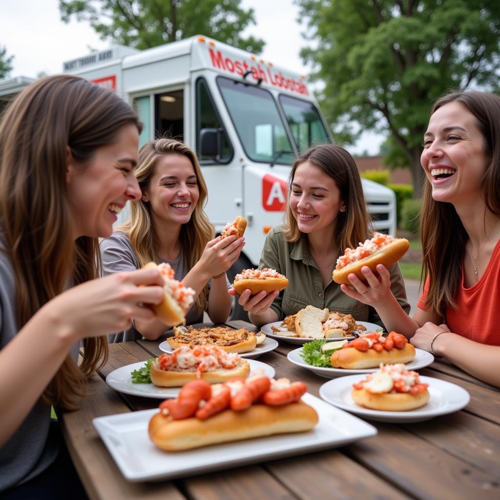 Customers enjoying their Mobstah Lobstah meals at picnic tables.