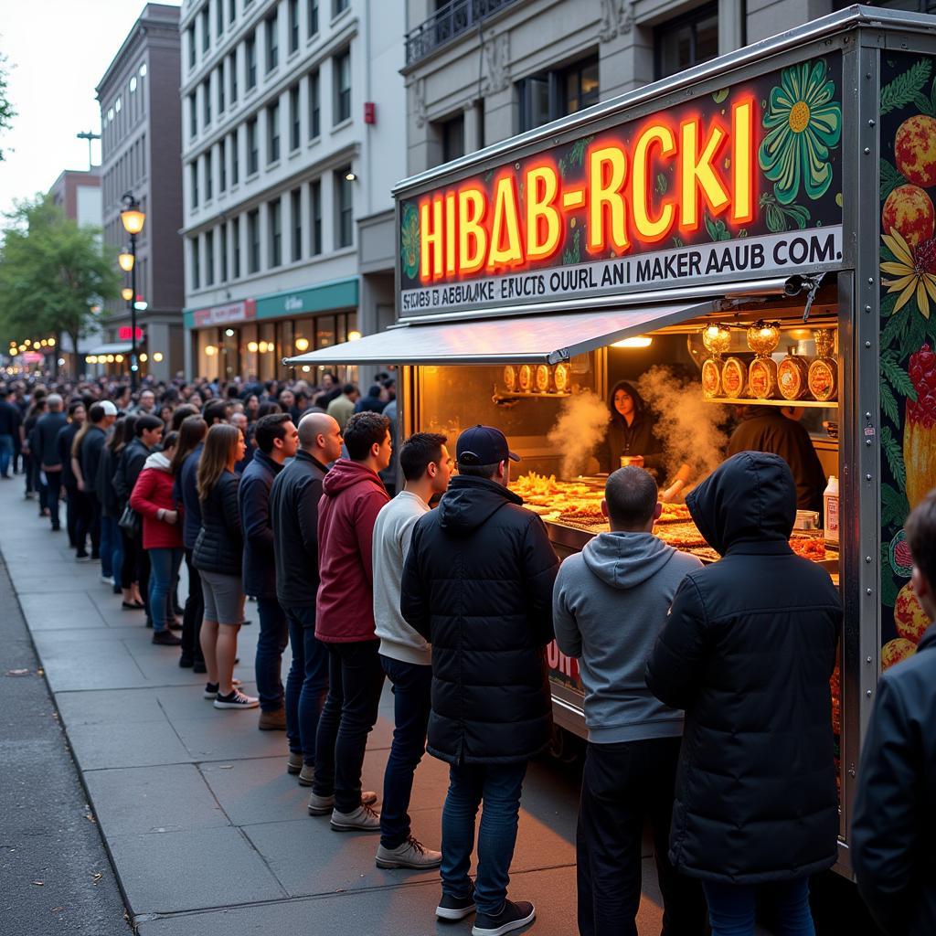 Long line of customers eagerly awaiting their hibachi orders from a food truck