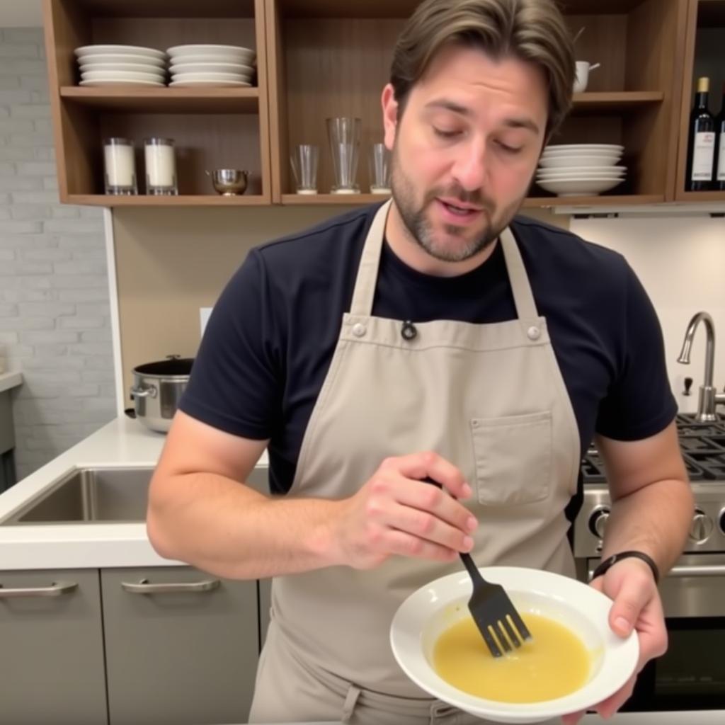 Dadvice TV host demonstrating a cooking technique