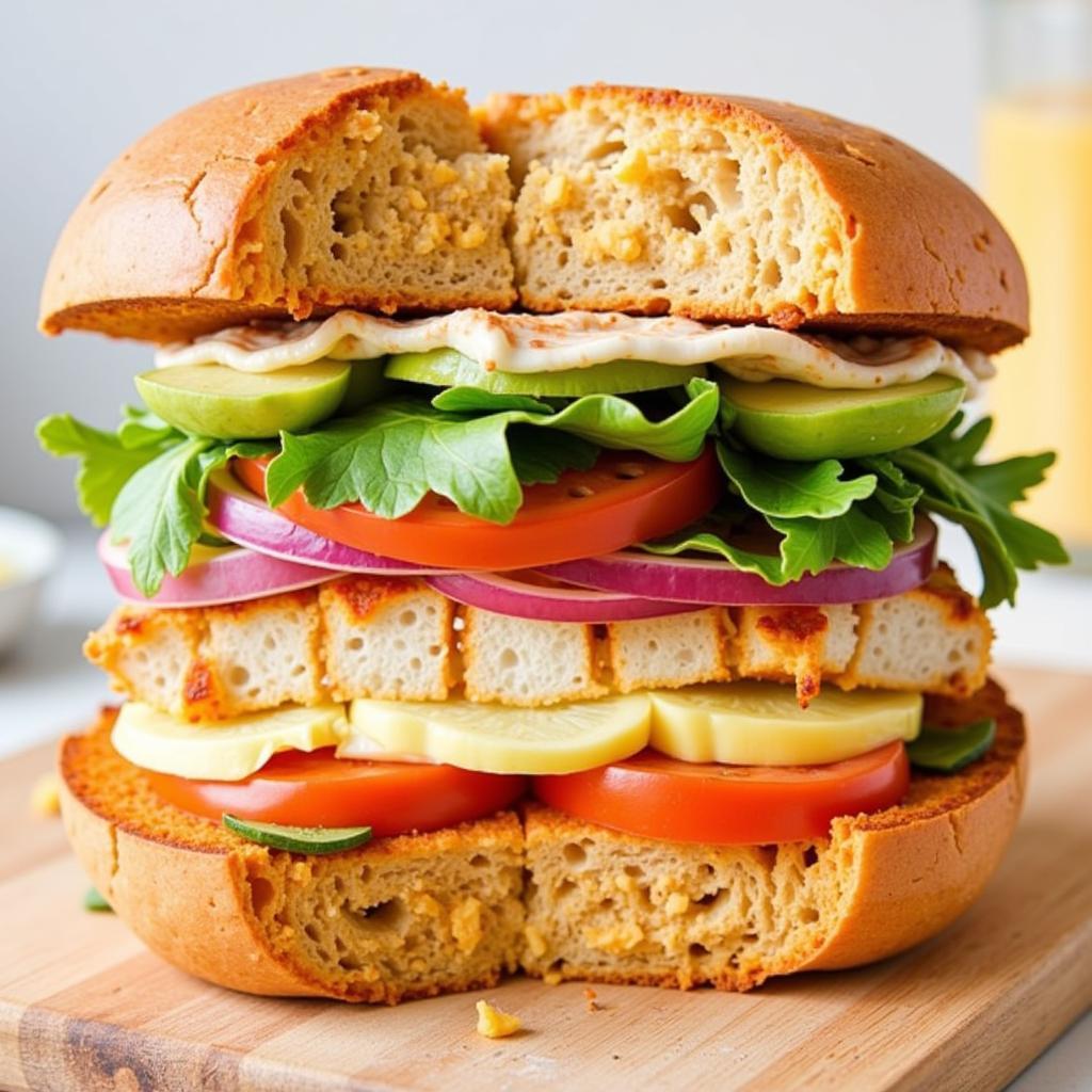 A delicious sandwich made with Daedoo sweet potato bread, filled with fresh vegetables and grilled chicken.