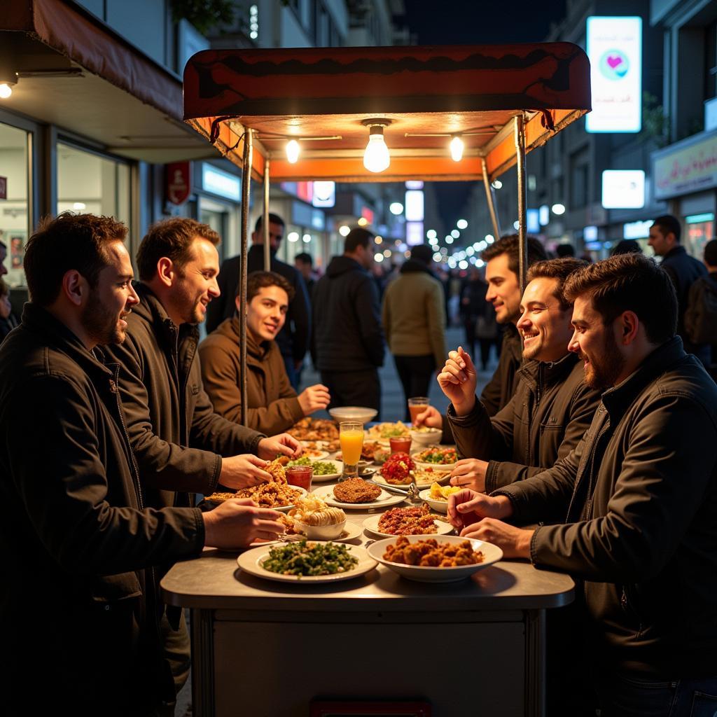 People enjoying food from a Damascus food cart