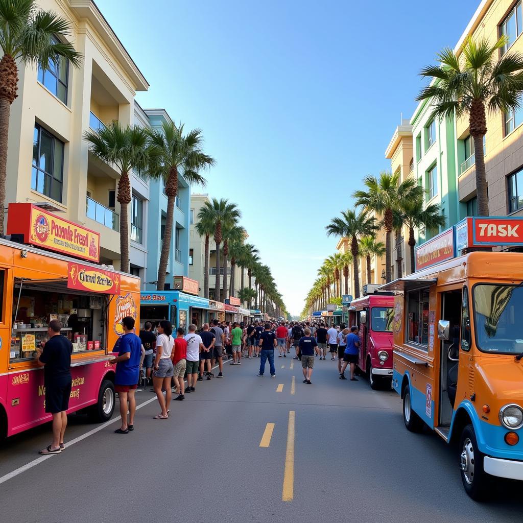 Vibrant Daytona Beach food truck scene with diverse culinary offerings