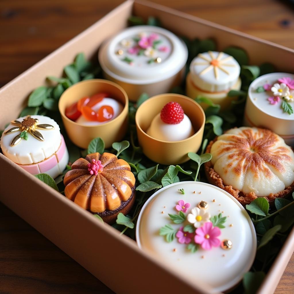 Beautifully decorated food containers inside a gift box.