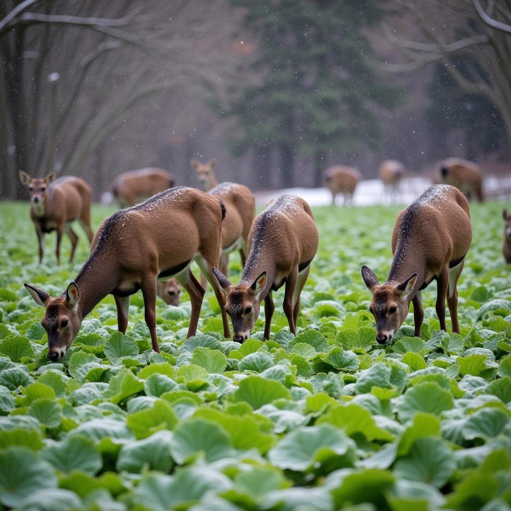 Deer Enjoying Brassicas in Winter Food Plot