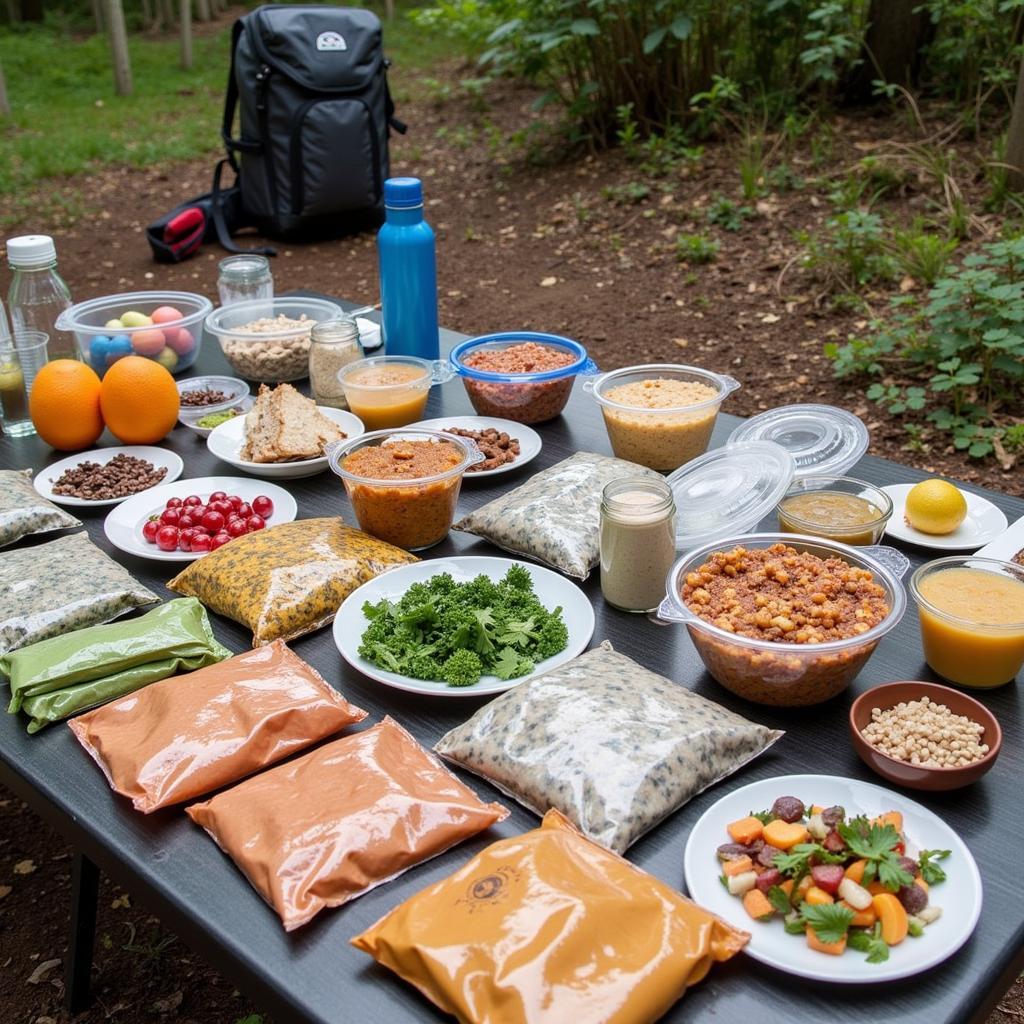 A variety of dehydrated camping food options spread out on a table, showcasing different meals, snacks, and ingredients.