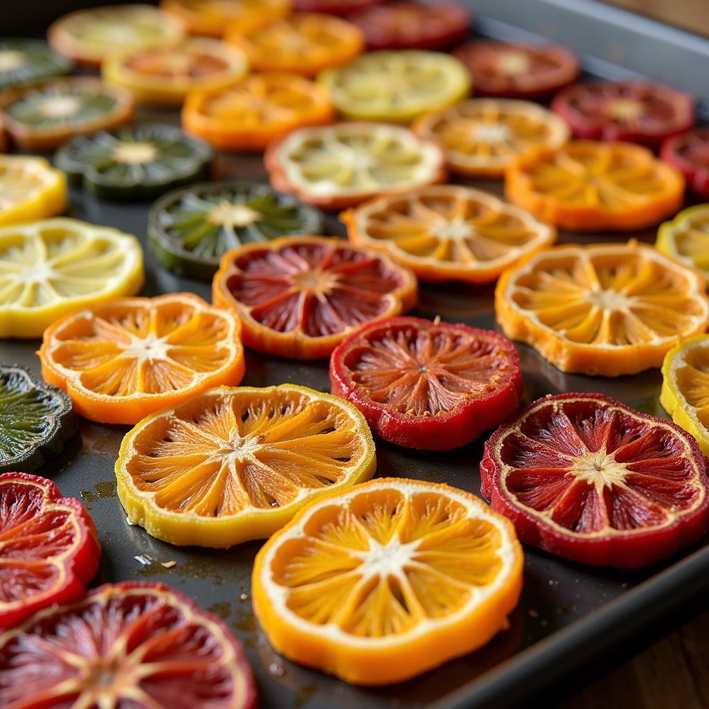 Dehydrated fruits and vegetables on a tray