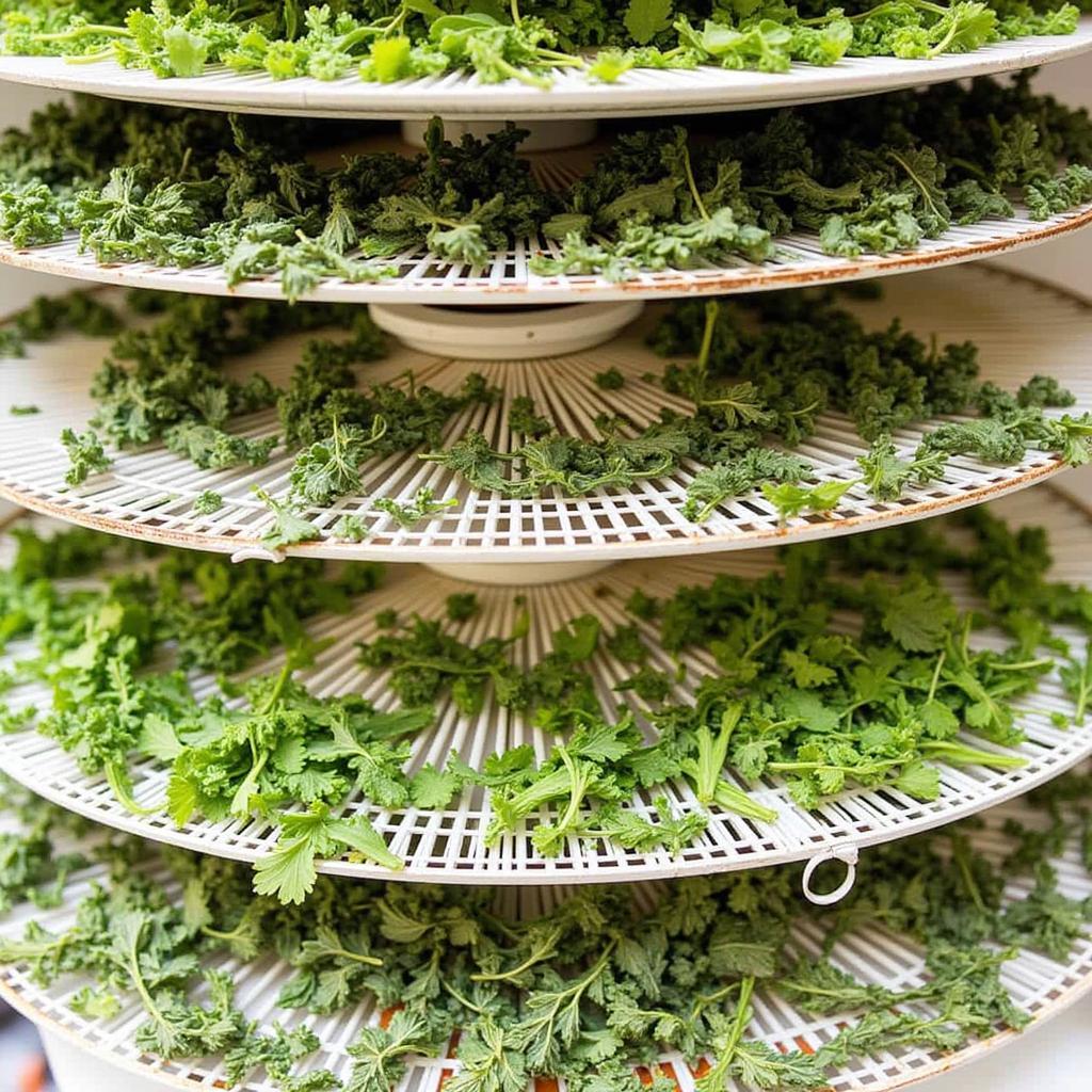 A close-up view of various dehydrated herbs on a 5-tray food dehydrator