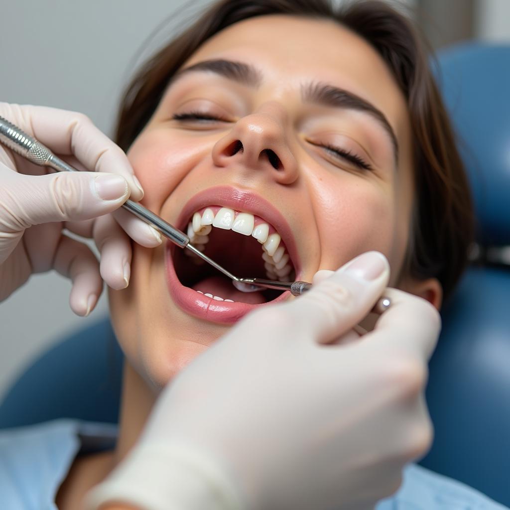 Dentist Examining Patient's Teeth for Trapped Food and Dental Issues