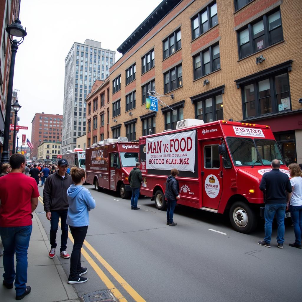 Food trucks in Detroit offering Man vs Food Coney Island hot dog challenge.