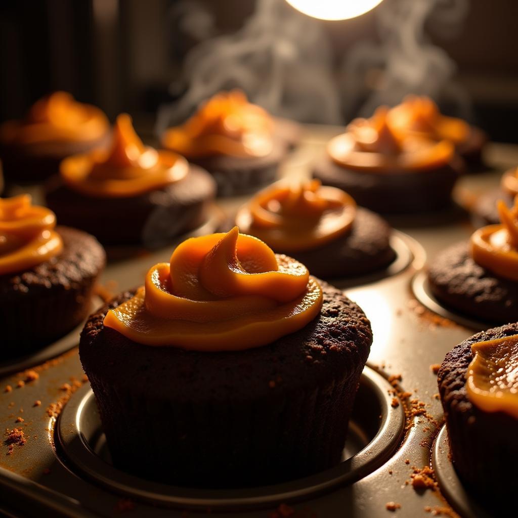 Devil's food cake pumpkin spice muffins baking in the oven